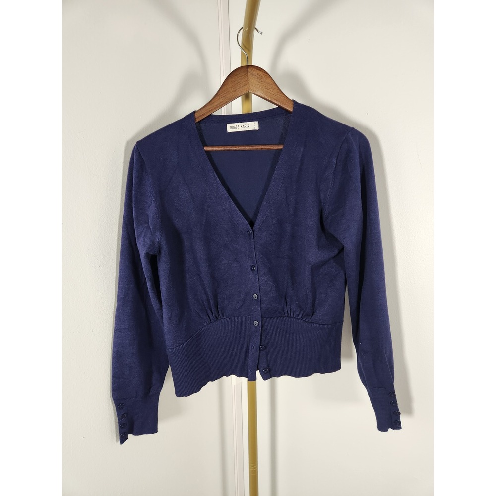 Grace Karin Navy Blue V-Neck Button front Long Sleeve Cardigan Sweater Size L
